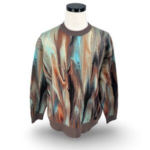 DEPT ANONYM Mens Abstract Marbled Fluid Crewneck Sweater Brown Turquoise Medium